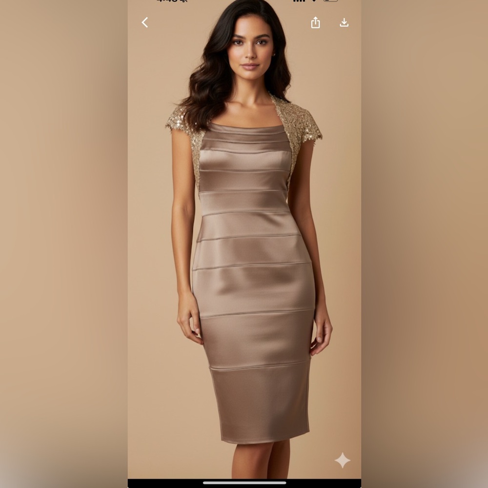 Tadashi Shoji Taupe Satin Mini Dress with Gold Sequins